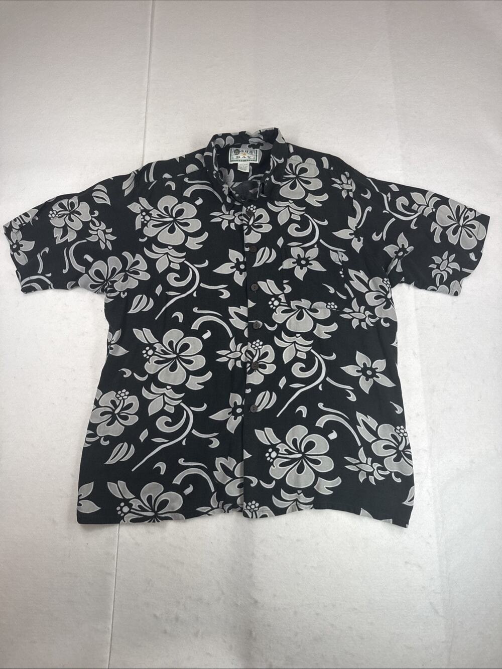 VTG Hana Bay Mens Large Shirt Black Gray Floral Aloha Rayon Authentic Hawaiian